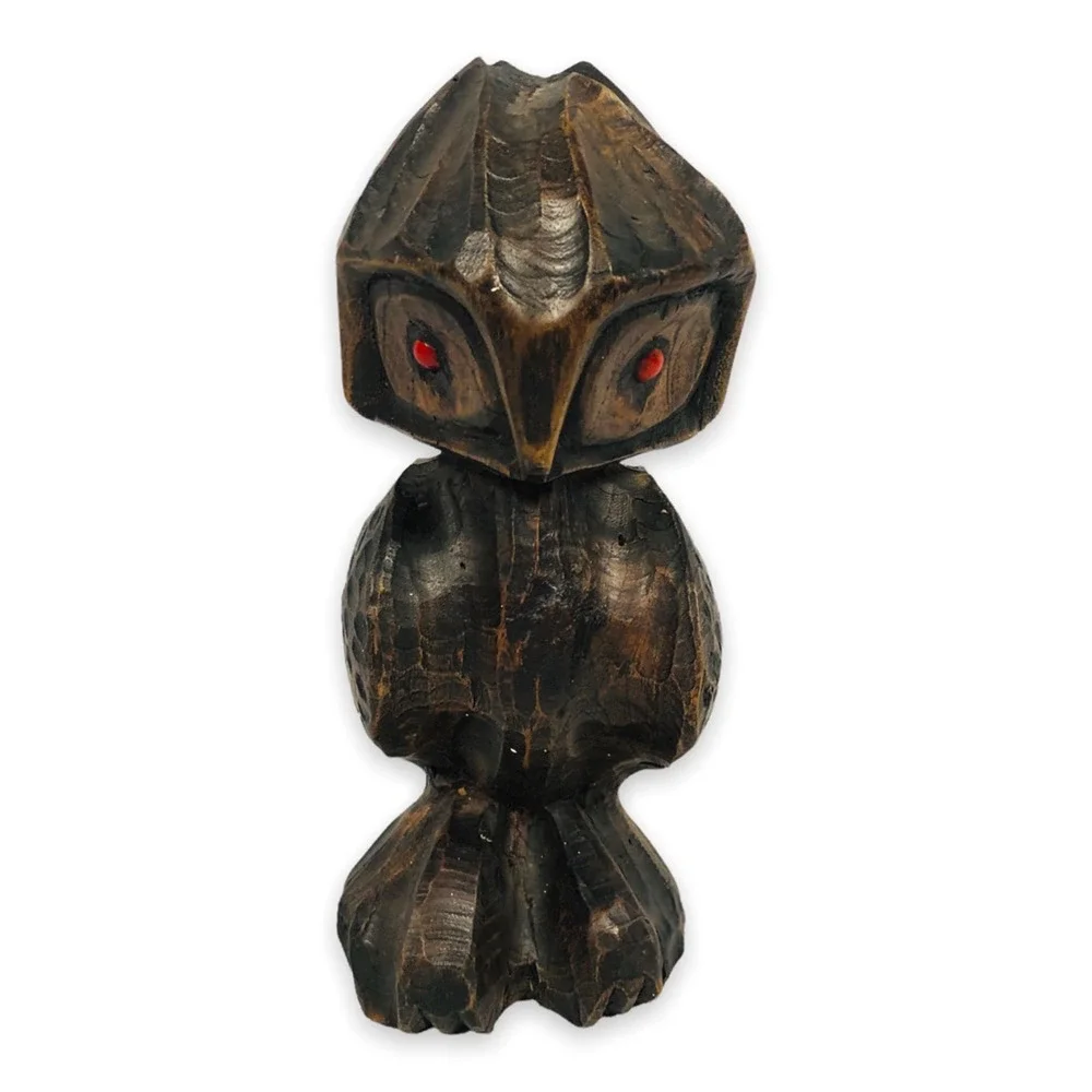 Vintage Norman Campbell Owl Carving Wooden‎ Wood Red Following Eyes 1990 Brown